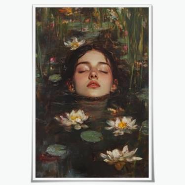 Imagem de Ophelia Into Lake Dark Academia Canvas Wall Art Moody Victorian Floral Print Gothic Occult Home Decor Antique Oil Painting Rustic Vintage Poster Cottagecore Imagem Estética 30 x 45 cm Sem moldura