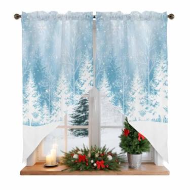 Imagem de Cortinas de Natal azuis para janelas, cortinas de cozinha para sala de estar/quarto, flocos de neve, azul, camadas de Feliz Natal, tratamentos de janela, 2 painéis, 71 x 91 cm