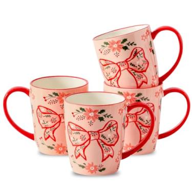 Imagem de HASENSE Conjunto de canecas de café de cerâmica de 120 ml com alça para cozinha, canecas de latte de Natal com laço rosa para cacau quente, chá, leite, café com leite e sopa, caneca grande festiva