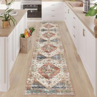 Imagem de Enkor Tapetes de corredor para corredor, tapetes antiderrapantes laváveis 5 x 25 cm para cozinha, tapete moderno para sala de estar, quarto, entrada bege e vermelho