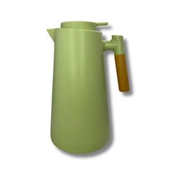 Imagem de Garrafa Térmica de Plástico com Cabo de Madeira e Termômetro Branca 1L - Utensílios de Cozinha - Mesa Posta - Decoração - Itens Para Casa - Perfeita Para Café e Chá (Verde Claro)