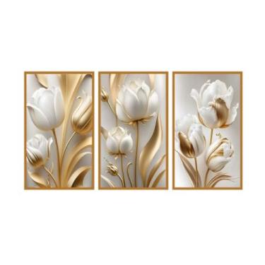 Imagem de Quadro Decorativo 3 Peças 60x40 Flores Tulipas Brancas Douradas Quarto Sala(60x40)