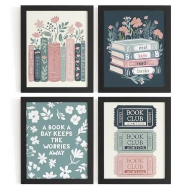Imagem de WXHUM Conjunto de 4 impressões de arte de parede para decoração de sala de leitura infantil retrô moderno, decorações de clube de leitura, livros legais para crianças, pôsteres florais para sala de