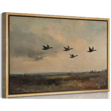 Imagem de Quadro Vintage Pato Voador Arte de Parede Rústica Paisagem Campo Arte Vintage Pato Mallard Decoração de Parede Impressão de Vida Selvagem para Sala de Estar Quarto Escritório Decoração Rústica 40,6 x