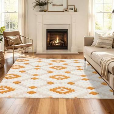 Imagem de Inlume Tapete lavável antiderrapante resistente a manchas para sala de estar, quarto, sala de jantar, escritório, padrão jacquard embaixo da mesa, triângulo 12 x 17 cm, marrom, branco