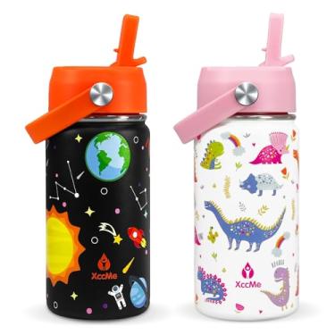 Imagem de XccMe Garrafa de água infantil com tampa de palha, garrafa de viagem de aço inoxidável 400 ml, copo infantil à prova de vazamento de parede dupla, copo isolado para crianças, garrafa de metal para