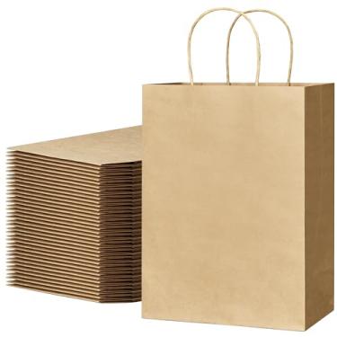 Imagem de Sacos de presente 100 peças de sacos de papel marrom com alças a granel 20 x 11 x 27 cm sacos de presente de papel tamanho médio, sacos de papel kraft, sacolas de artesanato, sacolas de varejo de