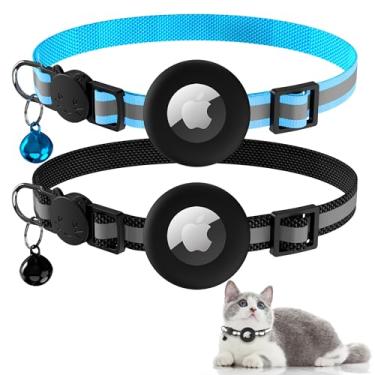 Imagem de Vanjua Pacote com 2 coleiras Airtag para gatos com sino, coleira reflexiva para gatinhos com etiqueta de ar, capa para gatos e meninas, meninos, acessórios para animais de estimação (preto A + azul A)