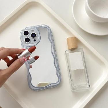 Imagem de Capa de espelho de maquiagem Curly Wave Arc para iPhone 16, 15, 14 Plus, 13, 12, 11 Pro Max, airbags, silicone macio, capa fofa (para iPhone 15 Plus/Azul)
