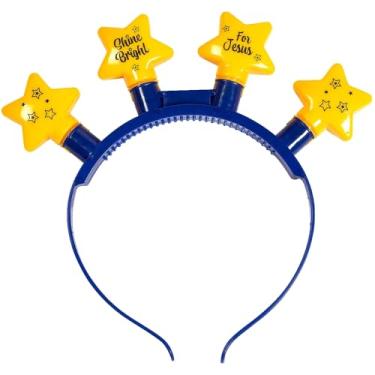 Imagem de Boppers vibrantes de cabeça iluminados "Shine Bright for Jesus", 12,7 cm x 3,2 cm (6 peças) – Faixa de cabeça de plástico azul com topo de estrela amarela – Perfeito para VBS, eventos de igreja e