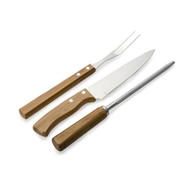 Imagem de Kit Churrasco 3 Peças Garfo Faca E Amolador Aço Inox - Fato