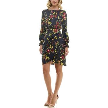 Imagem de Nicole Miller Vestido feminino de cetim com manga comprida e babado elástico, Estampa azul marinho profundo, 50