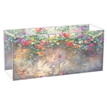 Imagem de SEHANY Porta-canetas de parede vintage de jardim para mesa, 4 compartimentos, porta-lápis de acrílico, organizador de pincéis de maquiagem, organizador de papelaria para escritório, casa