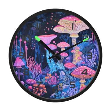Imagem de SEHANY Relógio de parede floresta cogumelo, silencioso, sem tique-taque, relógio redondo operado por bateria, controle de som, luz noturna, relógios de parede para sala de estar, cozinha, quarto