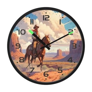 Imagem de SEHANY Relógio de parede Western Cowboy silencioso sem tique-taque, relógio redondo operado por bateria, controle de som, luz noturna, relógios de parede para sala de estar, cozinha, quarto