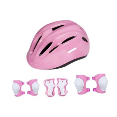 Imagem de menolana Capacete de bicicleta infantil com joelheiras, cotoveleiras, munhequeiras ajustáveis, confortáveis ​​e portáteis de 18,90 a 20,47 polegadas para skate, Rosa