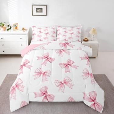 Imagem de Erosebridal Jogo de cama infantil com laço rosa | Conjunto de edredom solteiro com laço e laço de princesa em aquarela com 1 fronha
