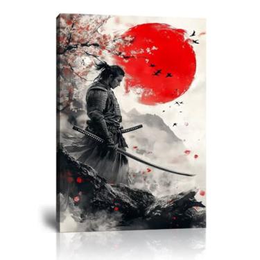Imagem de Decoração de parede com imagem de samurai japonês para casa sala de estar quarto - Pôster de flor de cerejeira com Samurai Impressão em tela emoldurada pronta para pendurar (61 cm L x 91 cm A)