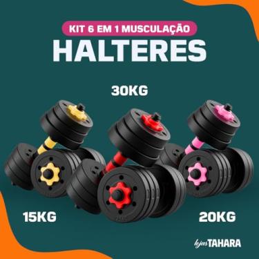 Imagem de Kit Halteres 6 Em 1 15/20/30Kg Musculação Ajustável Kettlebell Barra Anilha (Vermelho, Kit 30kg)