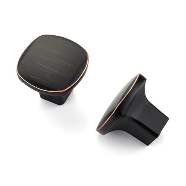 Imagem de HOME EDIT Puxadores de armário de bronze de borracha a óleo, furo único, base ampla, puxadores de armário de cozinha quadrados para gavetas, pacote com 6