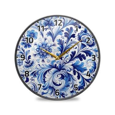 Imagem de WELLDAY Relógio de parede sem tique-taque 30,5 cm - Azulejo floral azul branco operado por bateria relógio redondo silencioso para casa/escritório/cozinha/sala de aula