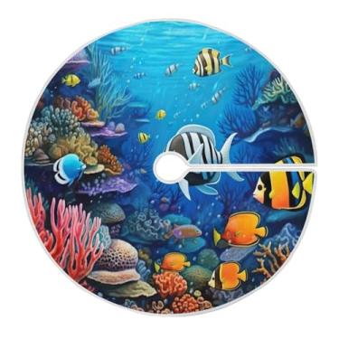 Imagem de Wassud Saia de árvore de Natal com laços seguros, tapete de árvore de Natal festivo de recife de peixe colorido de 90 cm para festas de ano novo, decoração de casa