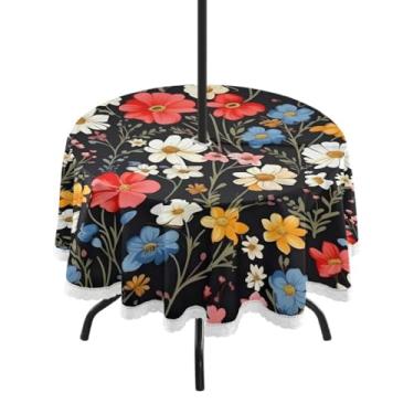 Imagem de CEBUGI Toalha de mesa redonda para uso ao ar livre, aquarela, floral, impermeável, com furo Umberlla, capa de mesa lavável para pátio, cozinha, sala de jantar, 152 cm