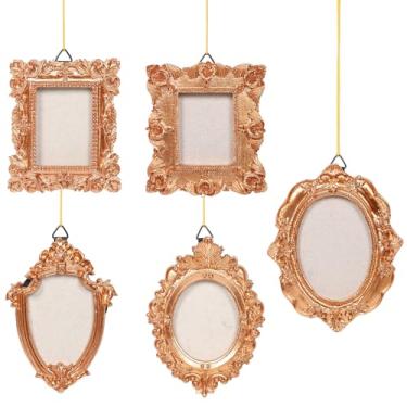 Imagem de 5 peças de mini molduras de resina, molduras pequenas douradas vintage para pendurar na parede, moldura de resina para exibição de imagens, decoração de árvore de Natal faça você mesmo, decoração de
