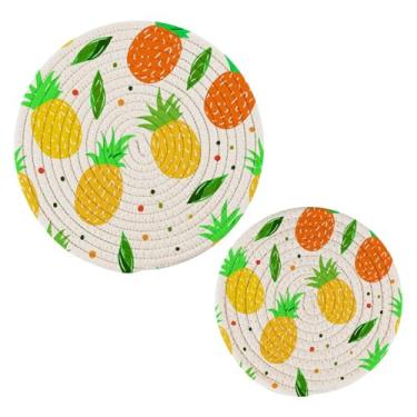 Imagem de Wassud Trivet de abacaxi para pratos quentes suportes de panela redondos de algodão almofadas quentes elegantes porta-copos decoração de cozinha e acessórios, 2 peças