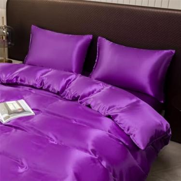 Imagem de Conjunto de capa de edredom de cetim de cor sólida, capa de colcha e fronhas, conjunto de cama luxuoso com brilho rico, fácil de cuidar, sem rugas, roxo, completo 3 peças