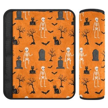 Imagem de Burbuja Capa para cinto de segurança de carro esqueleto de Halloween protetor de cinto de segurança macio confortável para alça de ombro de assento, 1 par médio