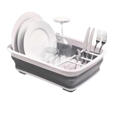 Imagem de Escorredor de Louça Retrátil, 4 Compartimentos, Silicone e Plástico Flexível, Branco e Cinza