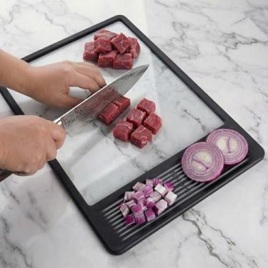 Imagem de NiHome Tábua de corte de vidro 38 x 27 cm, tábua de cortar vidro temperado com bordas de silicone antiderrapantes, zonas duplas para carne e legumes, resistente ao calor até 176 °C, lavável na