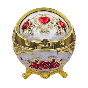 Imagem de Hourwof Cinzeiro vintage à prova de vento com tampa para cigarros, cinzeiro decorativo para varanda de pátio interno ao ar livre, belo enfeite de presente, rosa vermelha dourada