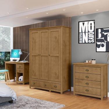 Imagem de Conjunto Quarto: Guarda-roupa 3 Portas, Escrivaninha, Cômoda 4 Gavetas Freijó Topázio Madeira Pinus - Finestra
