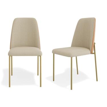 Imagem de Kit 02 Cadeiras Sala De Jantar Lior Estofada Base Dourada Linho Bege Couríssimo Whisky - Desk Design