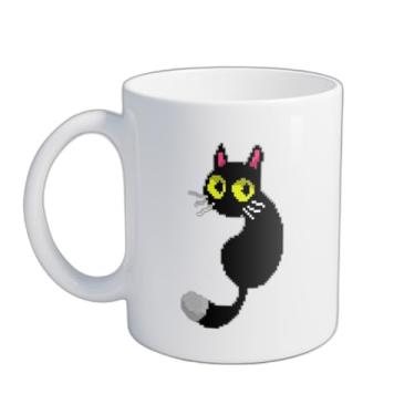 Imagem de Caneca Xícara de Café Porcelana 300ml Estilo Pixel Arte Gato Preto