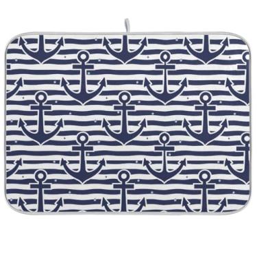 Imagem de Nautical Anchors Tapete de secagem de pratos marinho 40,6 cm x 45,7 cm Tapete absorvente de café reversível escorredor de pratos tapete protetor de bancada