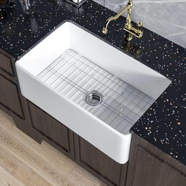 Imagem de Miuara Pia de fazenda 76 cm x 45 cm - Avental branco frontal embaixo da pia de cozinha reversível 76 x 45 cm x 25 cm, tigela única estilo casa de fazenda, reclay sólido resistente, branco brilhante