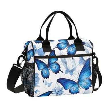 Imagem de GAIGEO Lancheira azul borboletas brancas isoladas para adultos, lancheira térmica pequena, lancheiras largas para mulheres, P