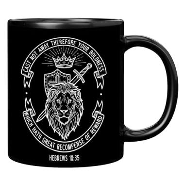 Imagem de ONRRI Caneca de cerâmica preta de 325 ml com design de leão e cruz, impressão dupla face, segura para micro-ondas, versículo bíblico hebreus 10:35 xícara de café