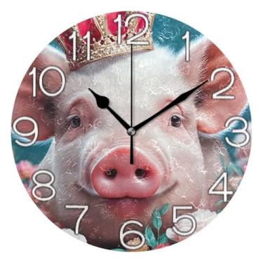 Imagem de GAIGEO Relógio de parede analógico decorativo redondo sem tique-taque silencioso relógio de cozinha fofo, decoração de parede de sala de estar moderna, rosa porco fofo vívido, 25 cm, ponteiros pretos