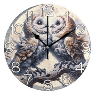 Imagem de GAIGEO Relógio de parede decorativo analógico operado por bateria relógio de cozinha fofo, arte de parede moderna legal decoração de casa, estampa de lua de coruja verde, 25 cm, ponteiros pretos