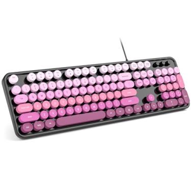 Imagem de MOWUX Teclado de computador com fio, teclado de máquina de escrever USB retrô redondo Plug and Play, teclado com fio de tamanho completo com suportes dobráveis para laptop e PC de escritório - degradê