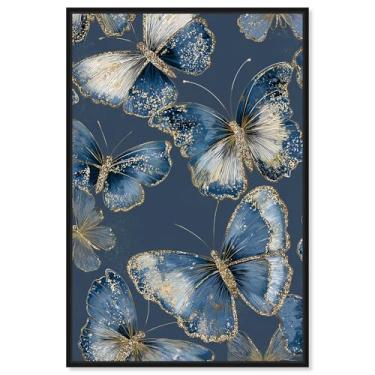 Imagem de Golden Wings I Impressão em tela azul decoração de parede por Art Remedy, moldura preta, 25 x 38 cm