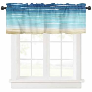 Imagem de Cortinas de cozinha curtas com listras abstratas oceânicas, praia, onduladas, para janelas, para quarto, banheiro, sala de estar, azul-verde-marrom, dégradé janela pequena, 1 painel, 137 x 45 cm