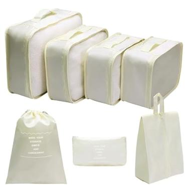 Imagem de Kit Organizador de Mala 7 peças Viagem com Tela Transparente Zíper Resistente Sacos Necessaire Dobrável Compacto Leve (Branco)