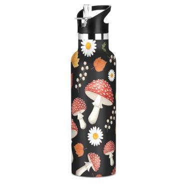 Imagem de Joisal Garrafas de água de aço inoxidável isoladas de 590 ml com tampa de canudo para bebidas frias ou quentes, cogumelos vermelhos pretos florais de parede dupla a vácuo sem BPA copo de viagem para