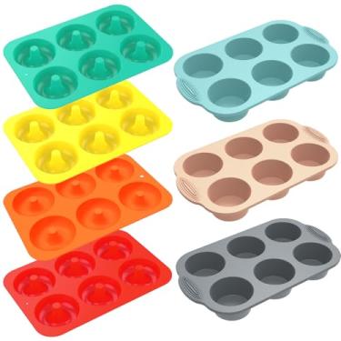 Imagem de 7 formas de silicone para muffin, forma redonda para cupcake com 6 xícaras, molde antiaderente, fácil de liberar para cupcake de chocolate, torta de ovo, pão de mirtilo