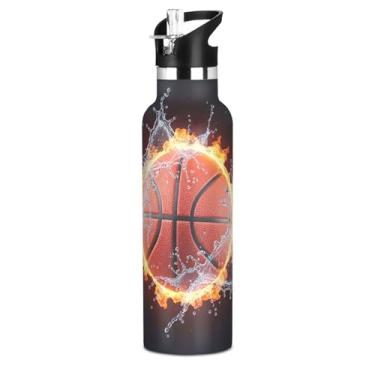 Imagem de Joisal Garrafa de água isolada de 590 ml com tampa e alça de palha, garrafa de água escolar sem BPA, copos de viagem de aço inoxidável a vácuo de parede dupla para crianças, basquete Fire Splash preto